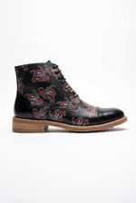 Adam - Botas Oxford de cuero negro con estampado floral y calavera para hombre