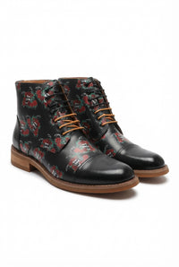 Adam - Botas Oxford de cuero negro con estampado floral y calavera para hombre