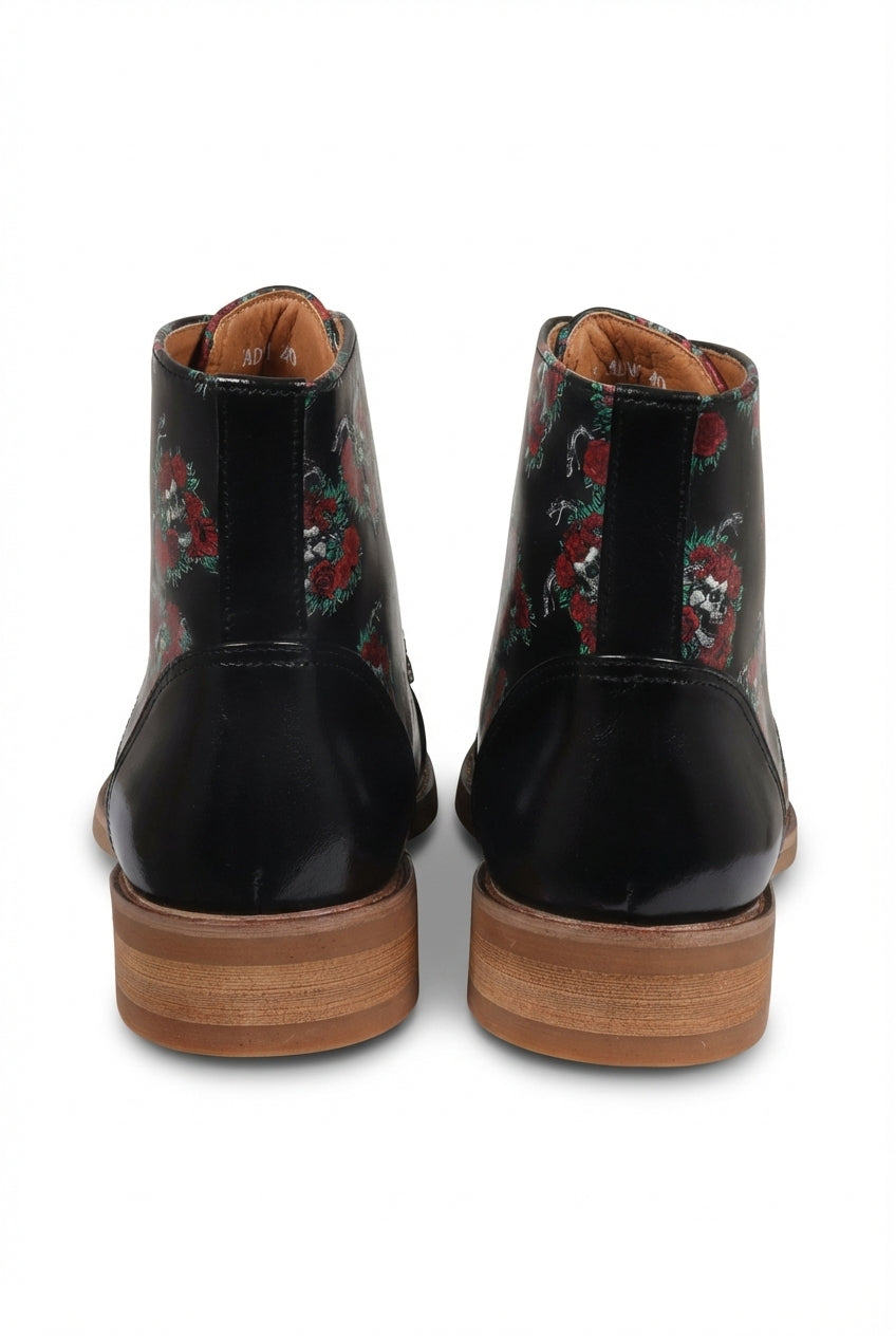 Adam - Botas Oxford de cuero negro con estampado floral y calavera para hombre