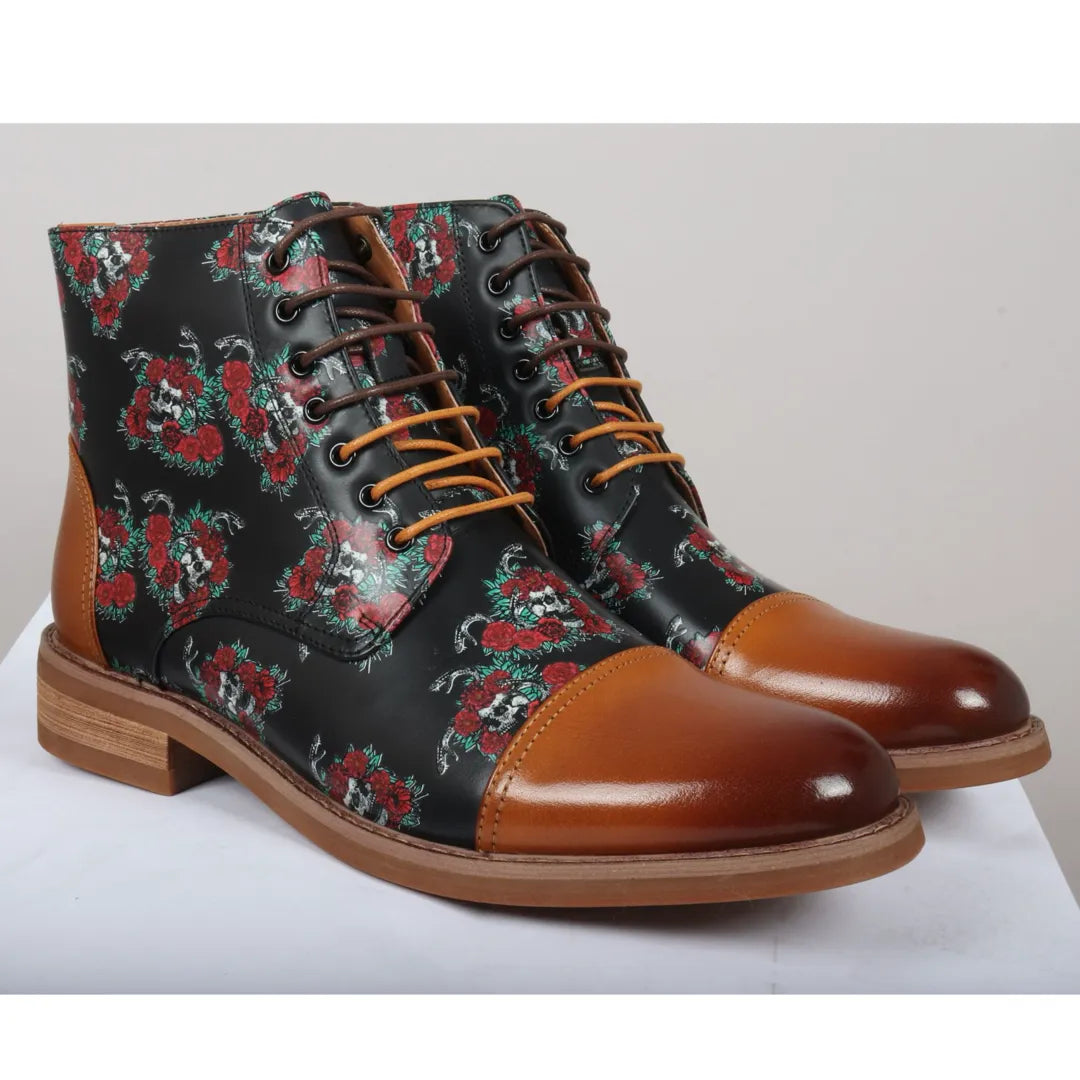 Adam - Botas Oxford de cuero marrón con estampado floral y calavera para hombre