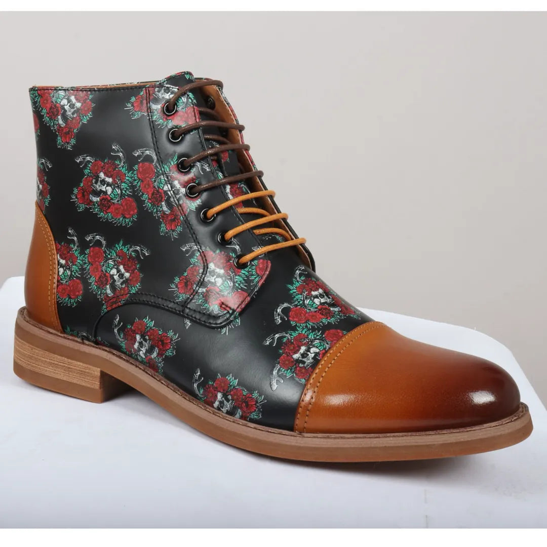 Adam - Botas Oxford de cuero marrón con estampado floral y calavera para hombre