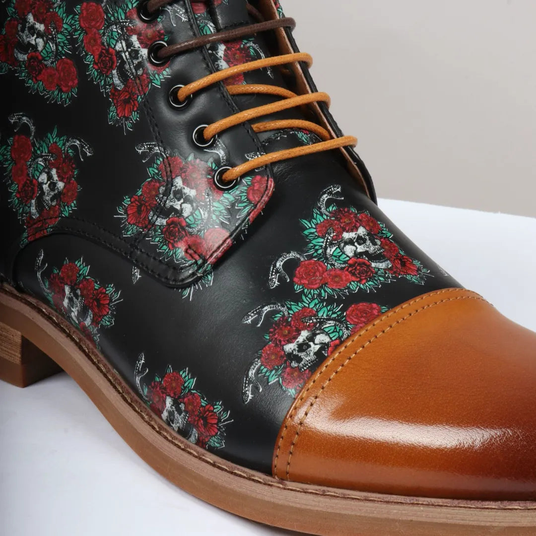 Adam - Botas Oxford de cuero marrón con estampado floral y calavera para hombre