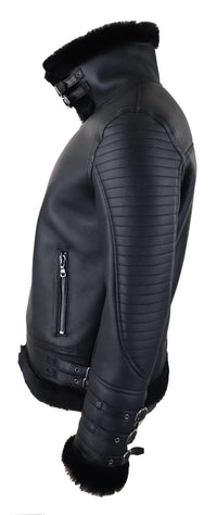 Chaqueta de aviador negra de piel de oveja auténtica para hombre, con cremallera, estilo piloto de la Segunda Guerra Mundial, abrigo cálido de invierno.