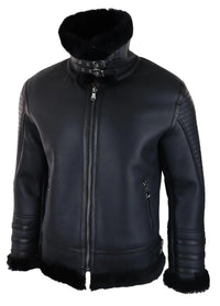 Chaqueta de aviador negra de piel de oveja auténtica para hombre, con cremallera, estilo piloto de la Segunda Guerra Mundial, abrigo cálido de invierno.