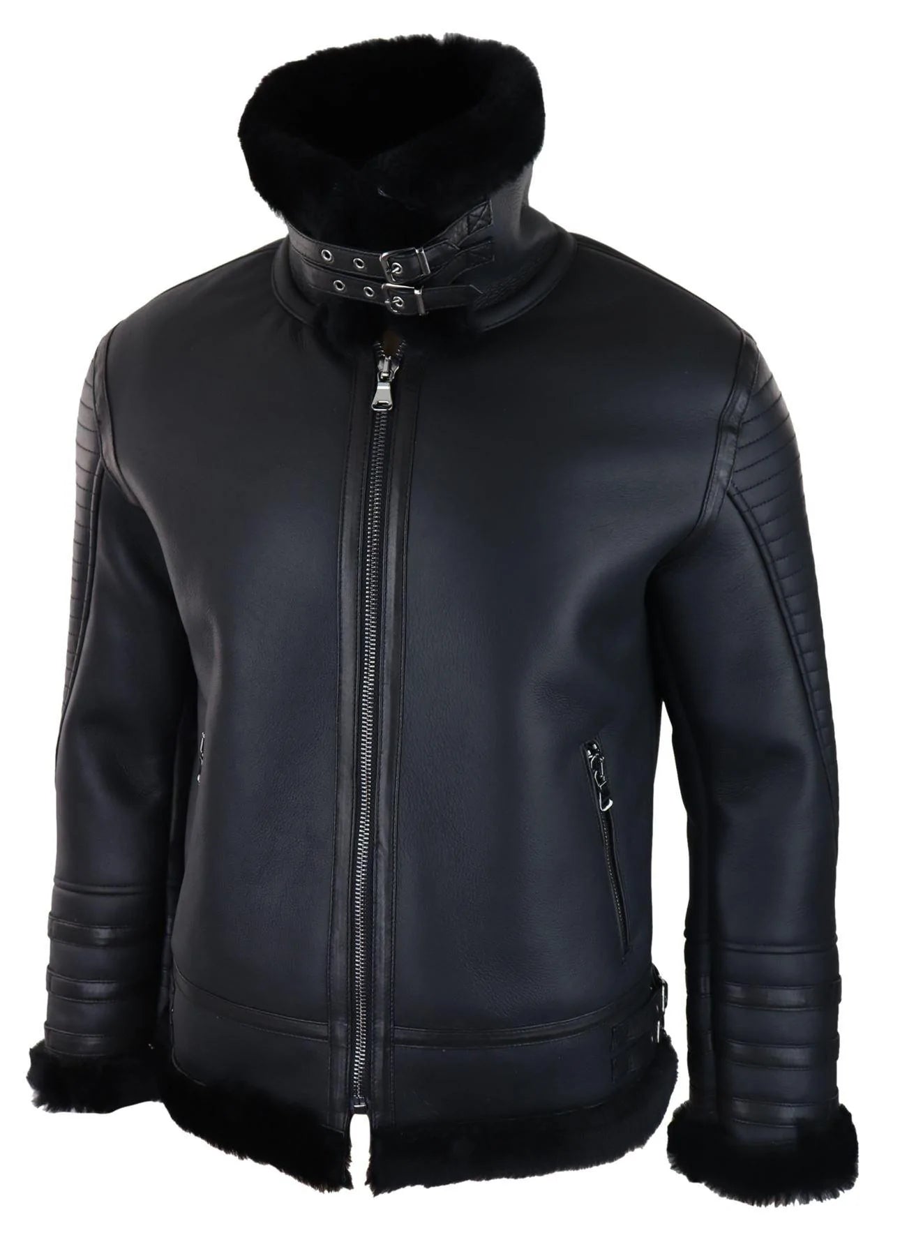 Chaqueta de aviador negra de piel de oveja auténtica para hombre, con cremallera, estilo piloto de la Segunda Guerra Mundial, abrigo cálido de invierno.