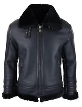 Chaqueta de aviador negra de piel de oveja auténtica para hombre, con cremallera, estilo piloto de la Segunda Guerra Mundial, abrigo cálido de invierno.