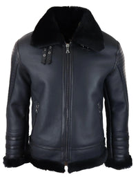 Chaqueta de aviador negra de piel de oveja auténtica para hombre, con cremallera, estilo piloto de la Segunda Guerra Mundial, abrigo cálido de invierno.
