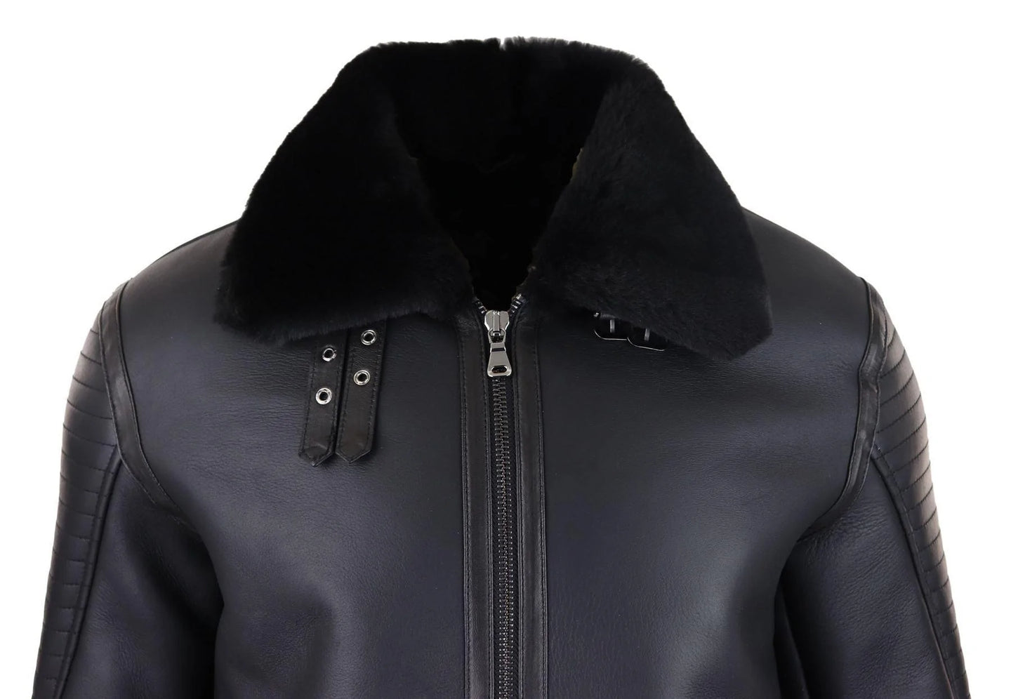 Chaqueta de aviador negra de piel de oveja auténtica para hombre, con cremallera, estilo piloto de la Segunda Guerra Mundial, abrigo cálido de invierno.