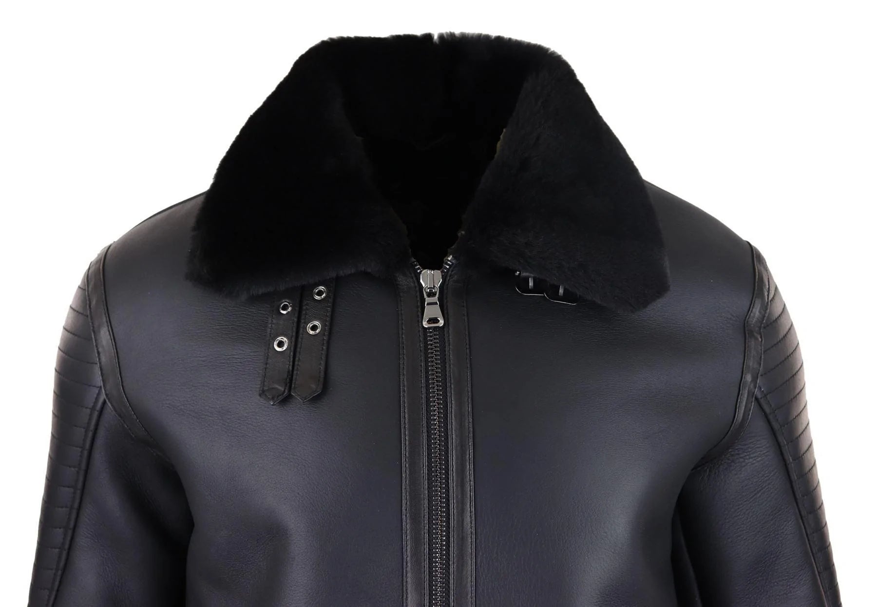Chaqueta de aviador negra de piel de oveja auténtica para hombre, con cremallera, estilo piloto de la Segunda Guerra Mundial, abrigo cálido de invierno.
