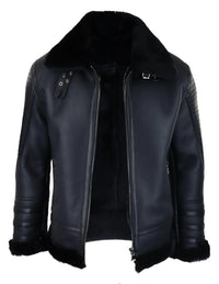 Chaqueta de aviador negra de piel de oveja auténtica para hombre, con cremallera, estilo piloto de la Segunda Guerra Mundial, abrigo cálido de invierno.