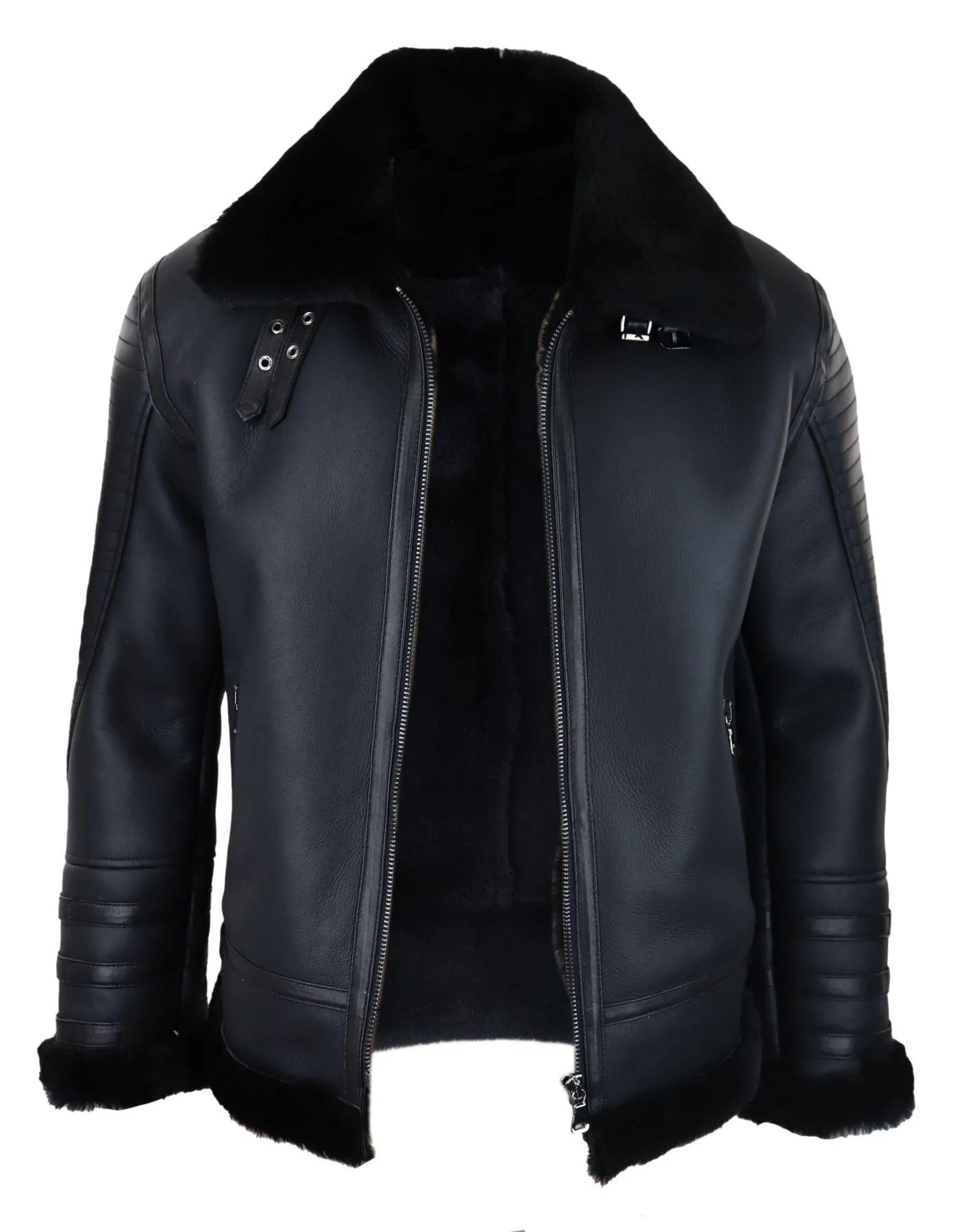 Chaqueta de aviador negra de piel de oveja auténtica para hombre, con cremallera, estilo piloto de la Segunda Guerra Mundial, abrigo cálido de invierno.