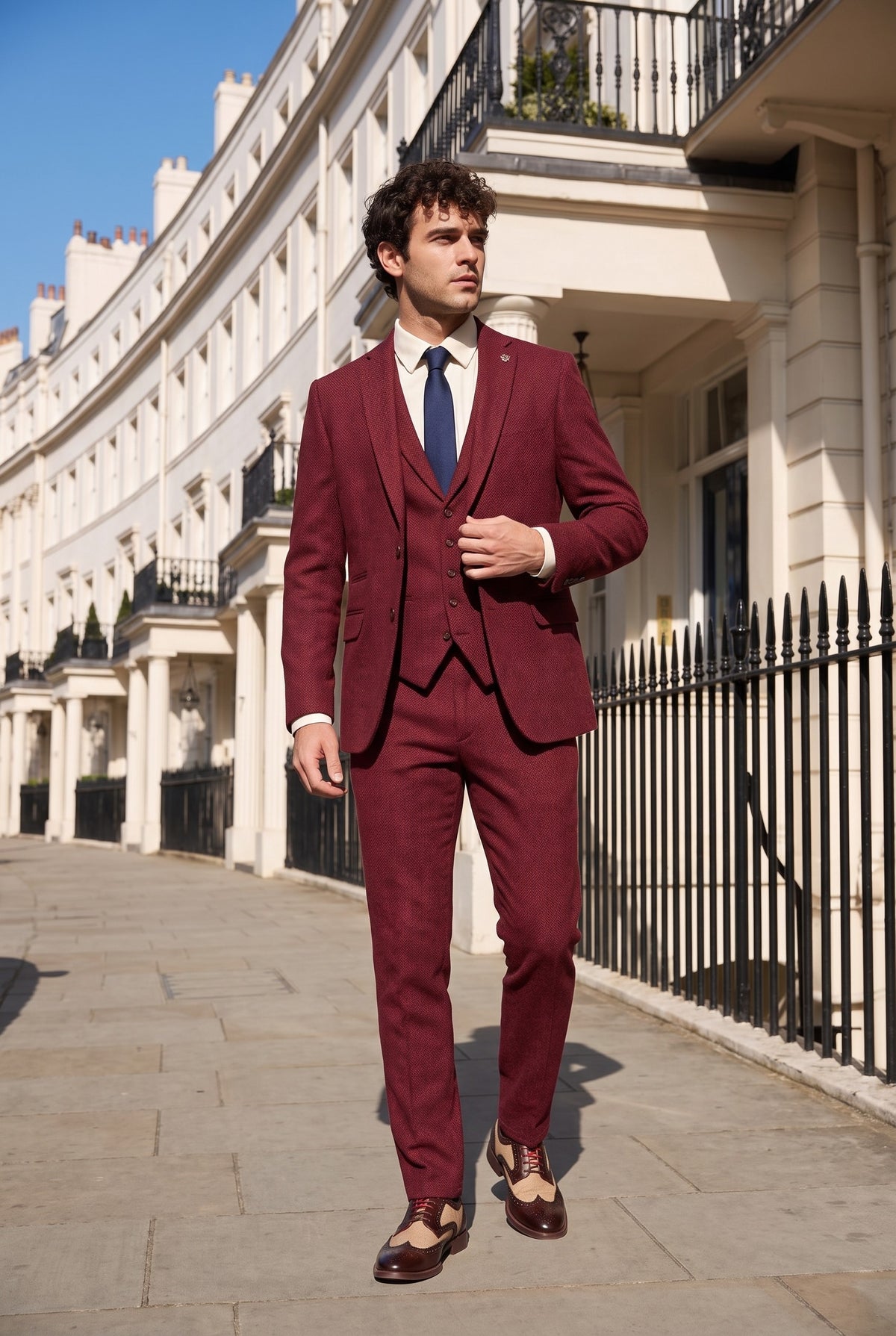 Look #508 styled with Traje de tweed de 3 piezas para hombre con estampado de espiga color vino granate - STZ11