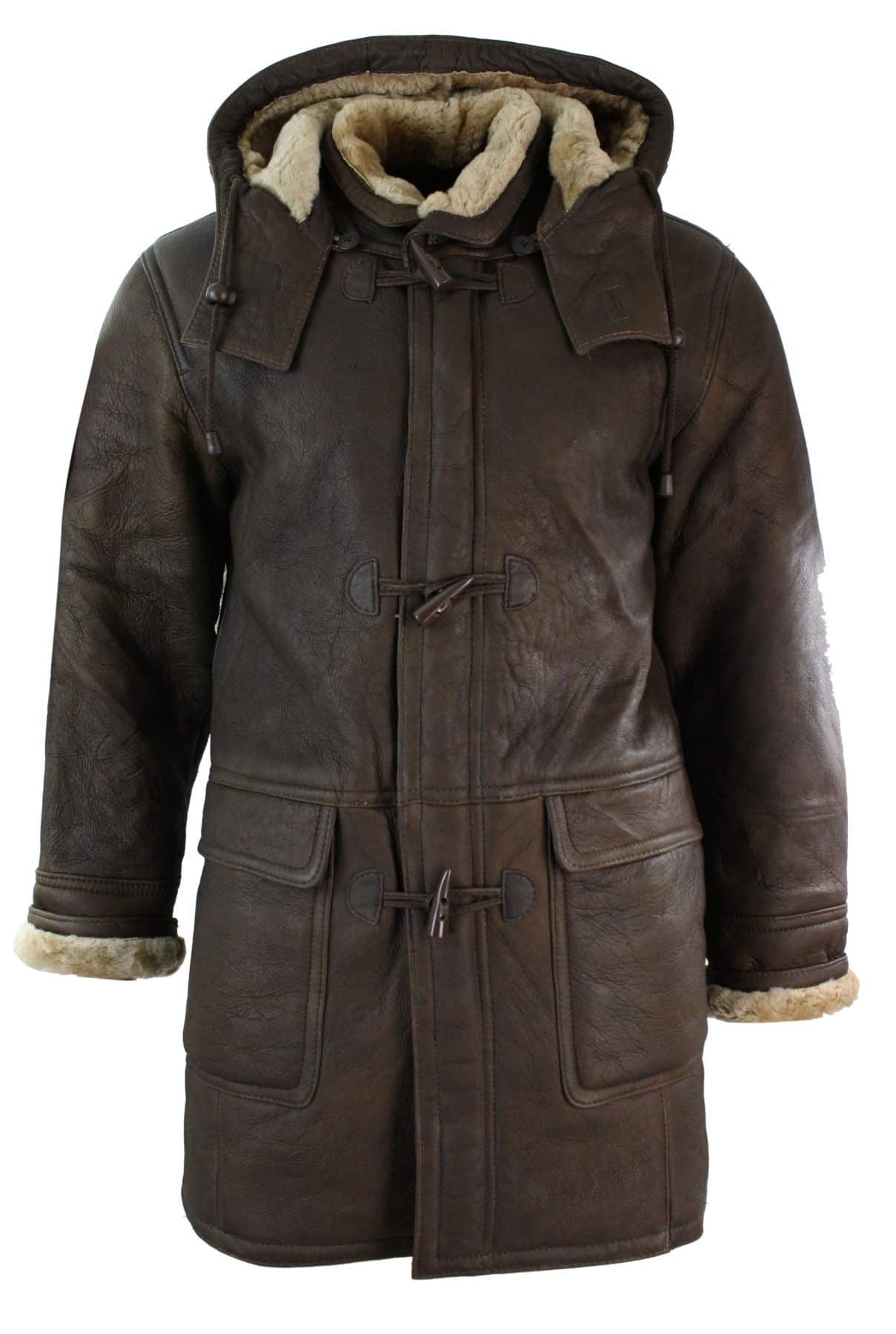 Chaqueta de invierno para hombre de piel de oveja auténtica, estilo safari, color marrón y crema, con capucha, estilo vintage-B3, marrón jengibre.