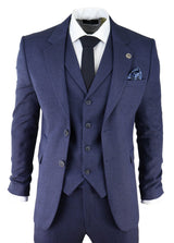 Traje de tres piezas para hombre de tweed azul marino con estampado de espiga.