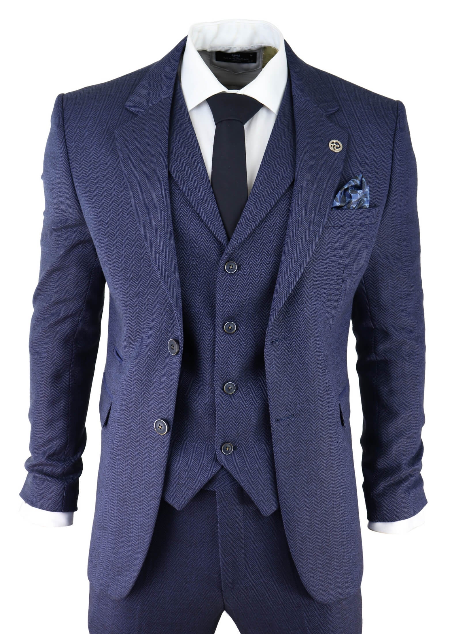 Traje de tres piezas para hombre de tweed azul marino con estampado de espiga.