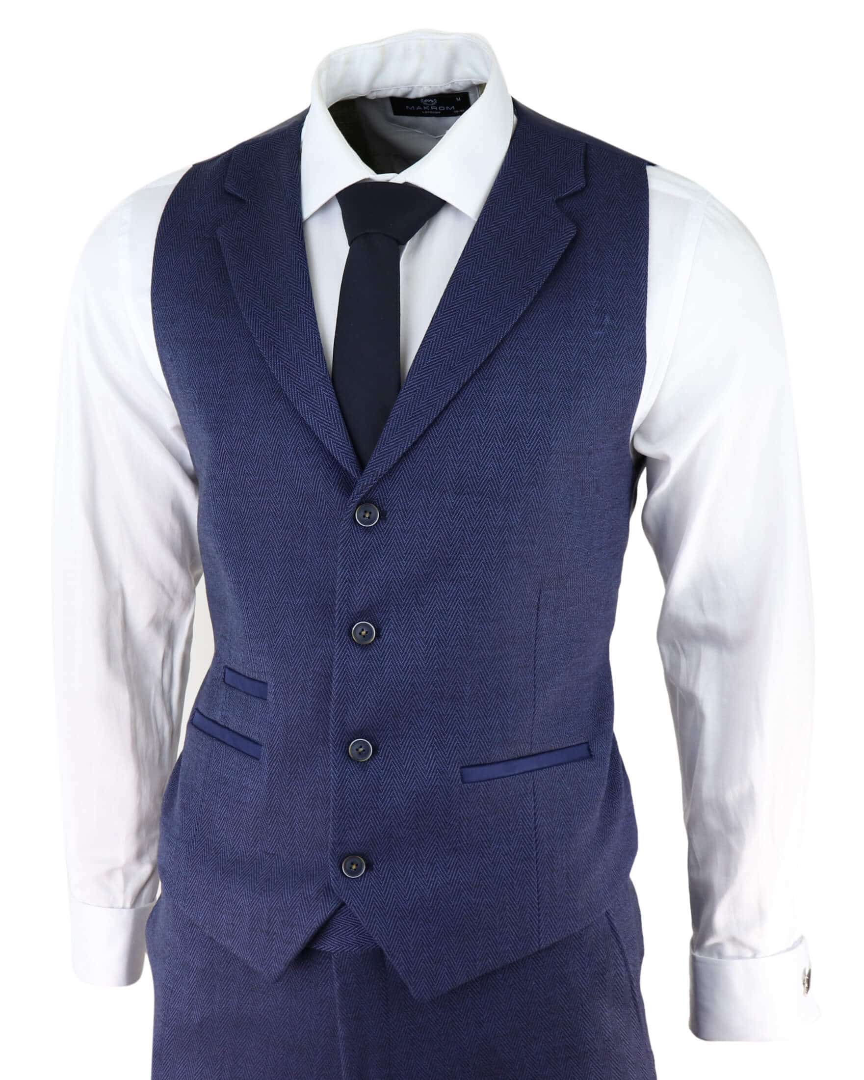 Traje de tres piezas para hombre de tweed azul marino con estampado de espiga.