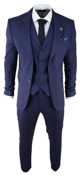 Traje de tres piezas para hombre de tweed azul marino con estampado de espiga.