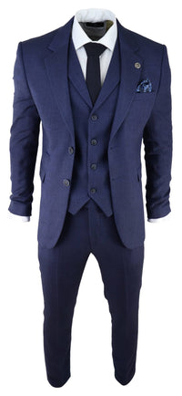 Traje de tres piezas para hombre de tweed azul marino con estampado de espiga.