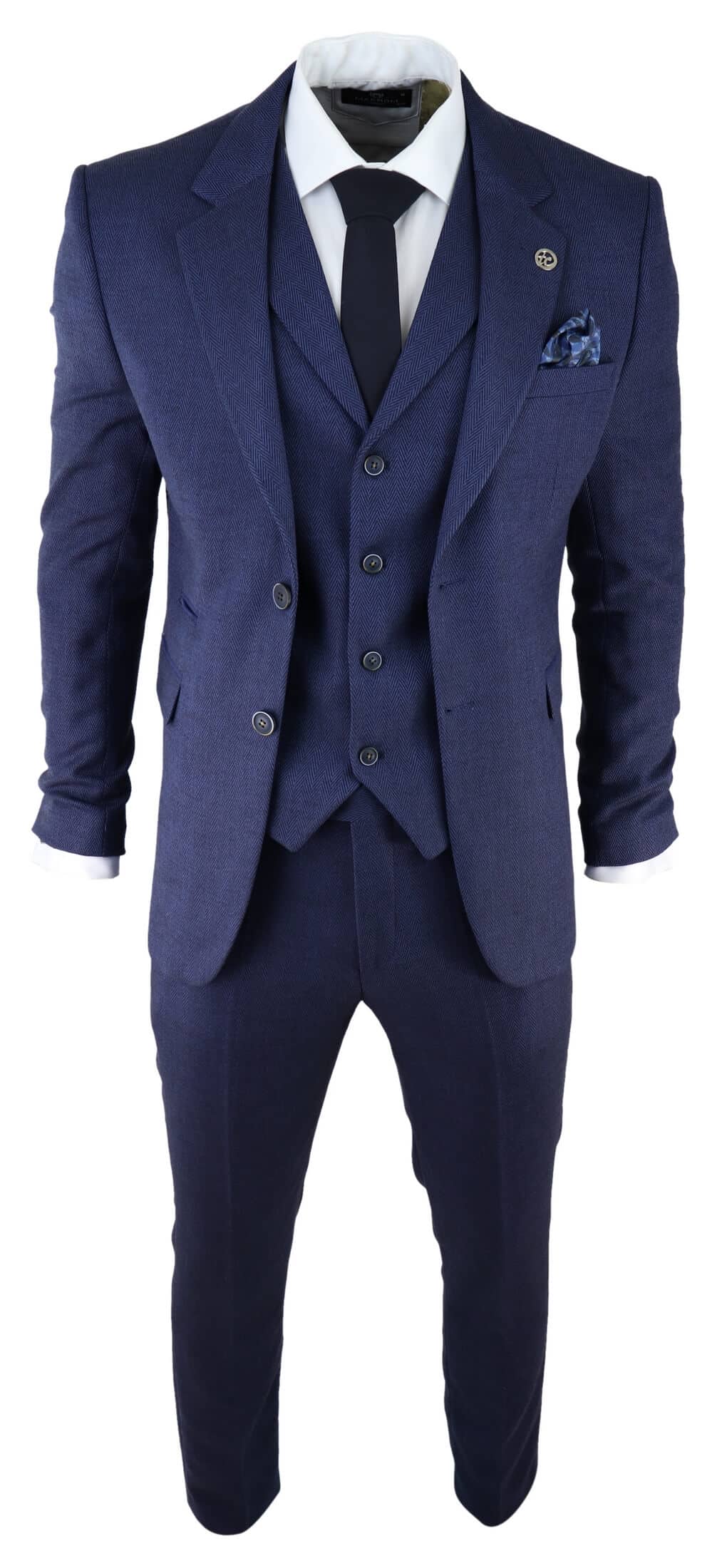 Traje de tres piezas para hombre de tweed azul marino con estampado de espiga.