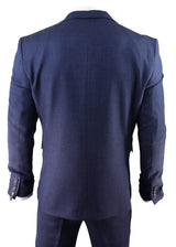 Traje de tres piezas para hombre de tweed azul marino con estampado de espiga.