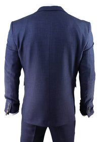 Traje de tres piezas para hombre de tweed azul marino con estampado de espiga.