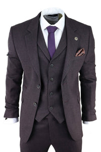 Traje de tres piezas de tweed color ciruela con estampado de espiga para hombre
