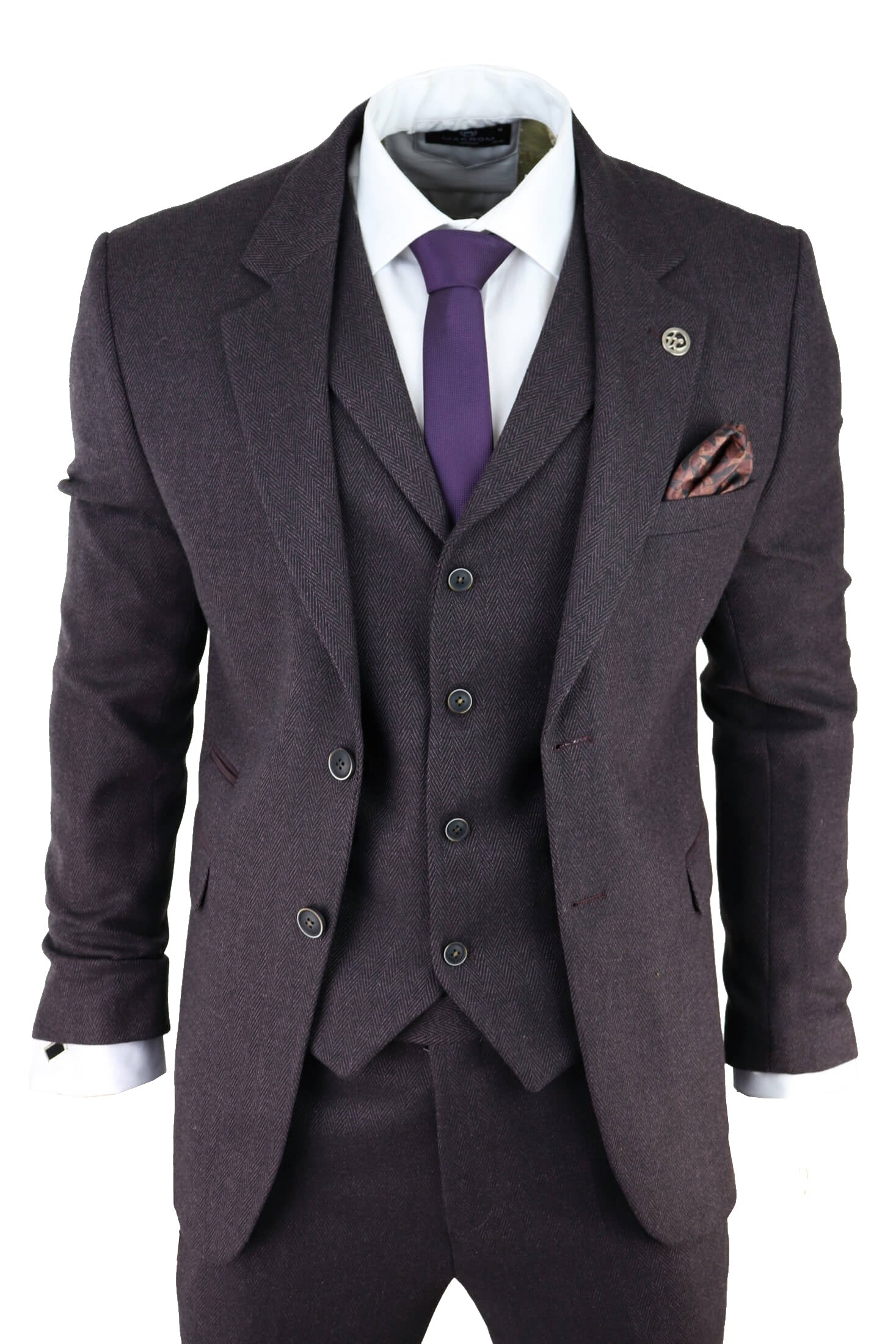 Traje de tres piezas de tweed color ciruela con estampado de espiga para hombre
