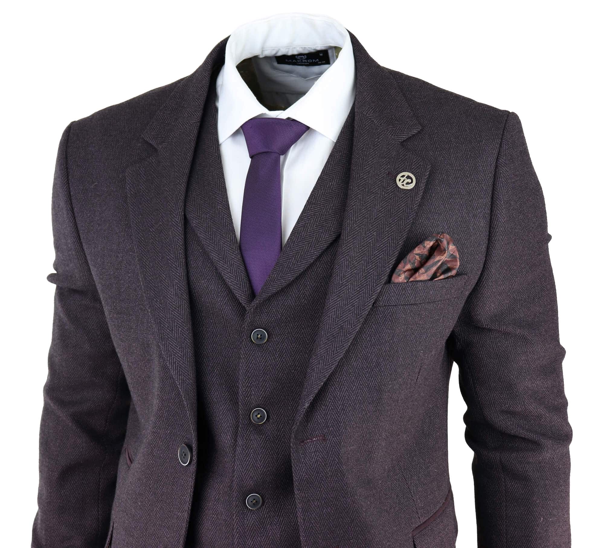 Traje de tres piezas de tweed color ciruela con estampado de espiga para hombre