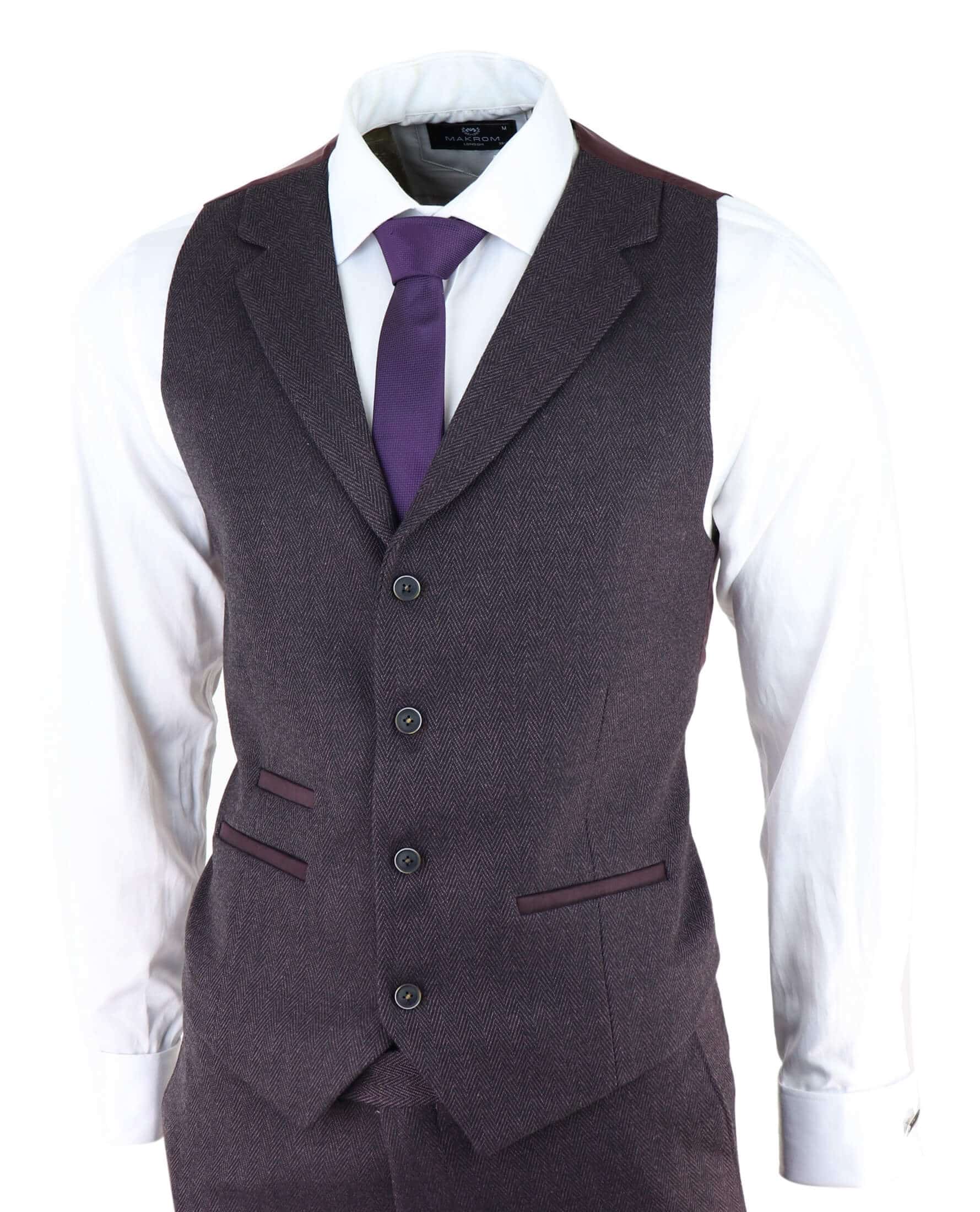 Traje de tres piezas de tweed color ciruela con estampado de espiga para hombre