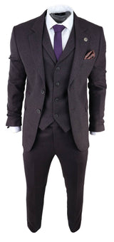 Traje de tres piezas de tweed color ciruela con estampado de espiga para hombre