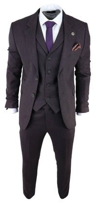 Traje de tres piezas de tweed color ciruela con estampado de espiga para hombre