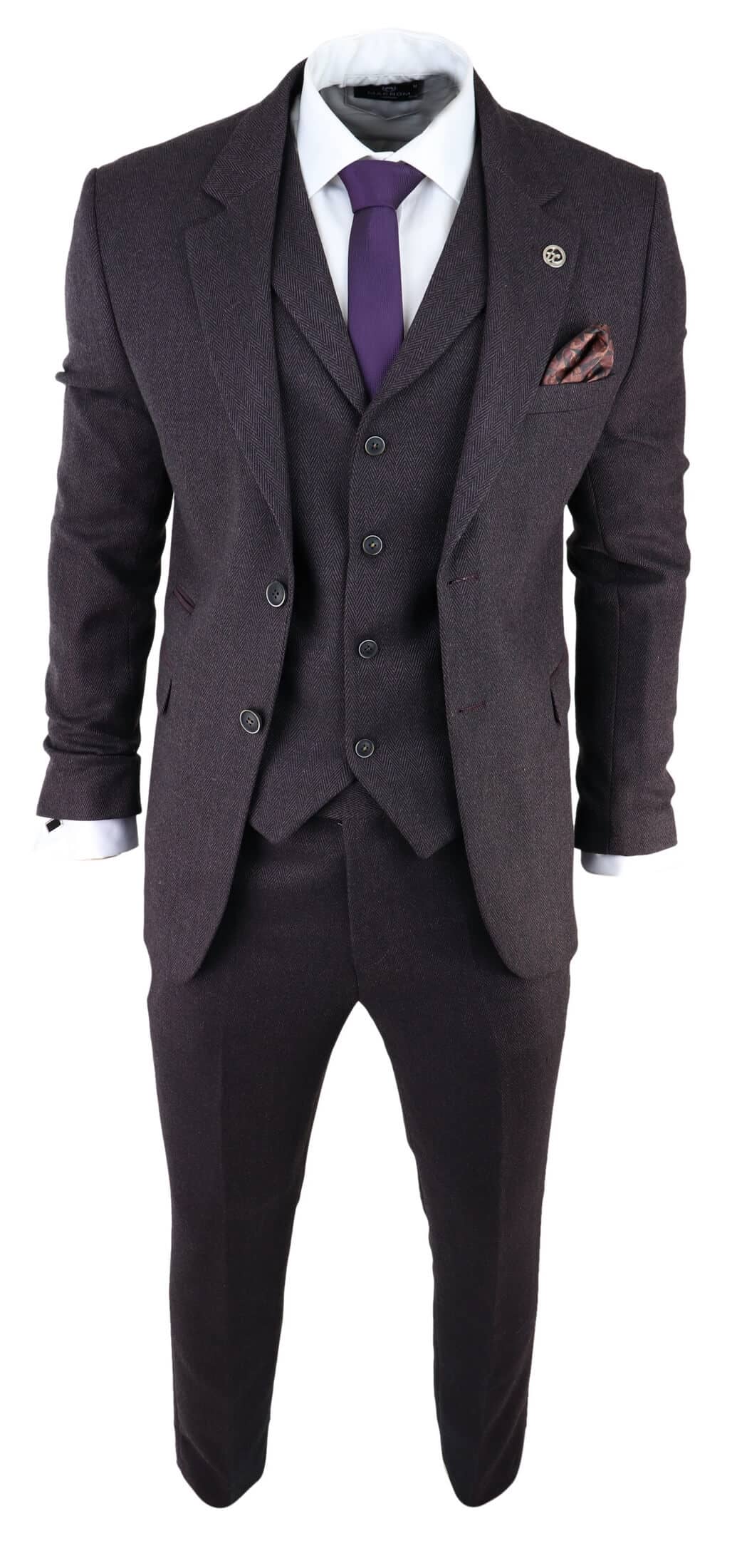 Traje de tres piezas de tweed color ciruela con estampado de espiga para hombre