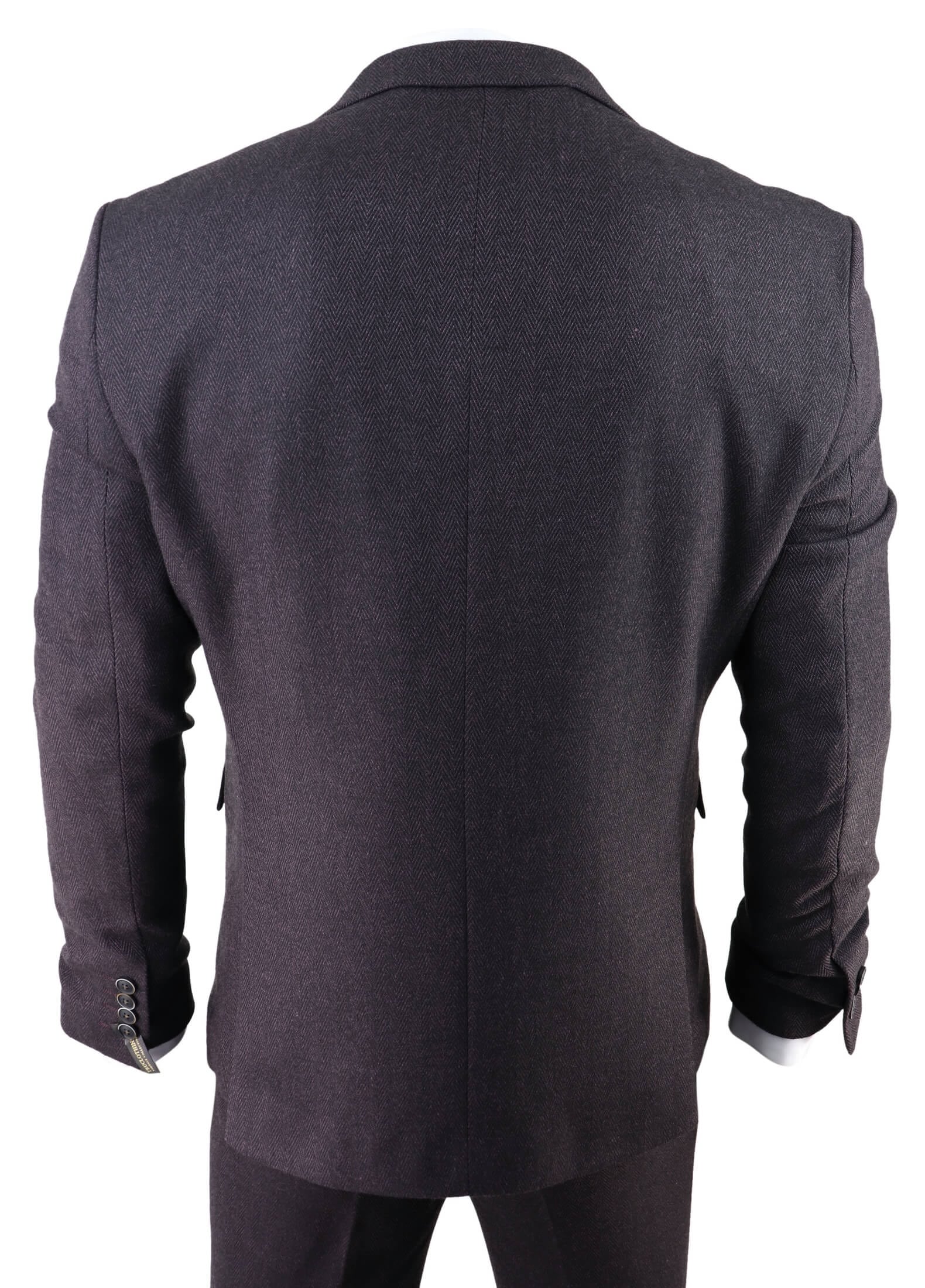 Traje de tres piezas de tweed color ciruela con estampado de espiga para hombre