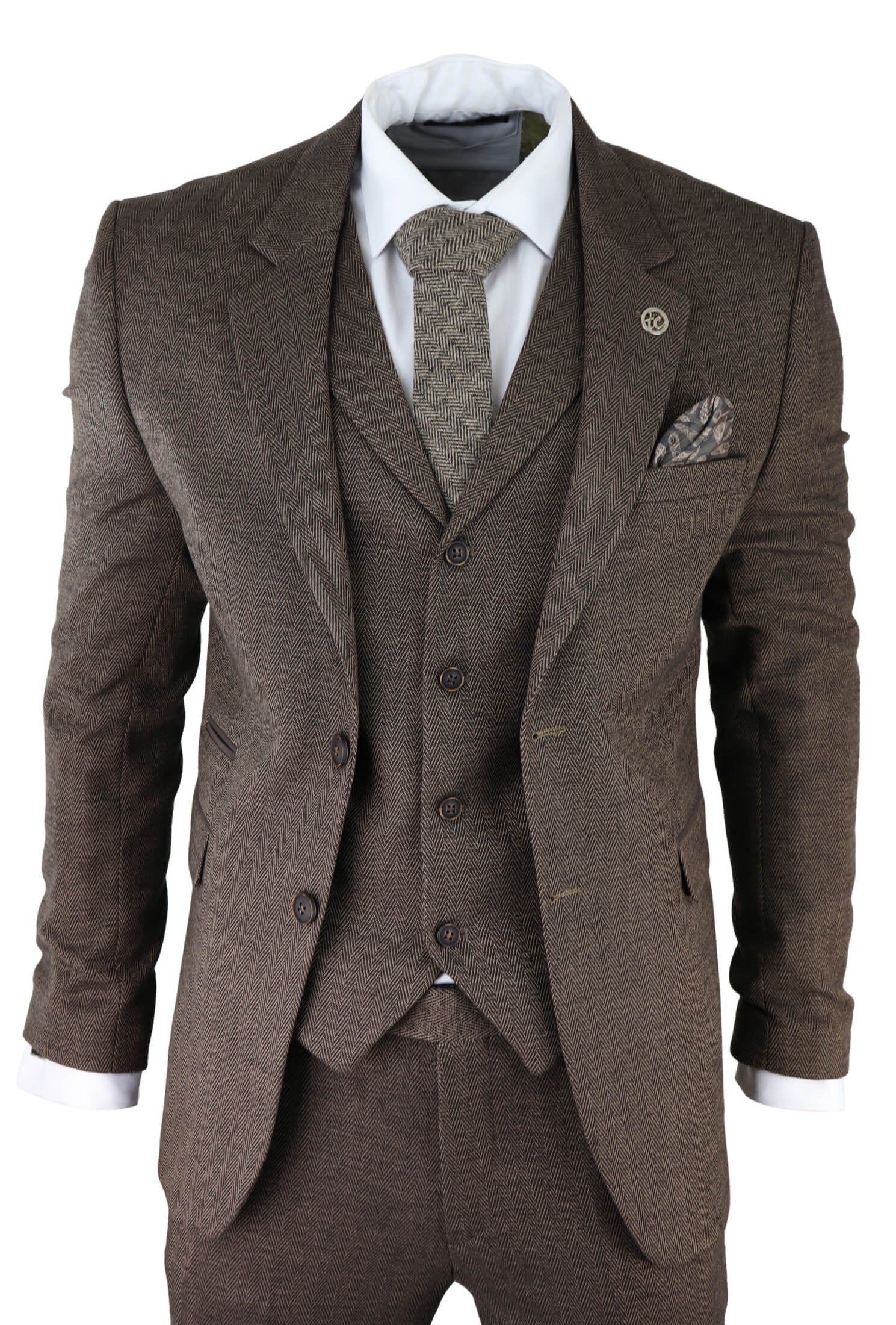 Traje de tres piezas para hombre de tweed marrón con estampado de espiga.