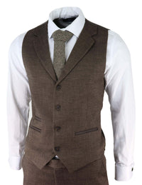 Traje de tres piezas para hombre de tweed marrón con estampado de espiga.