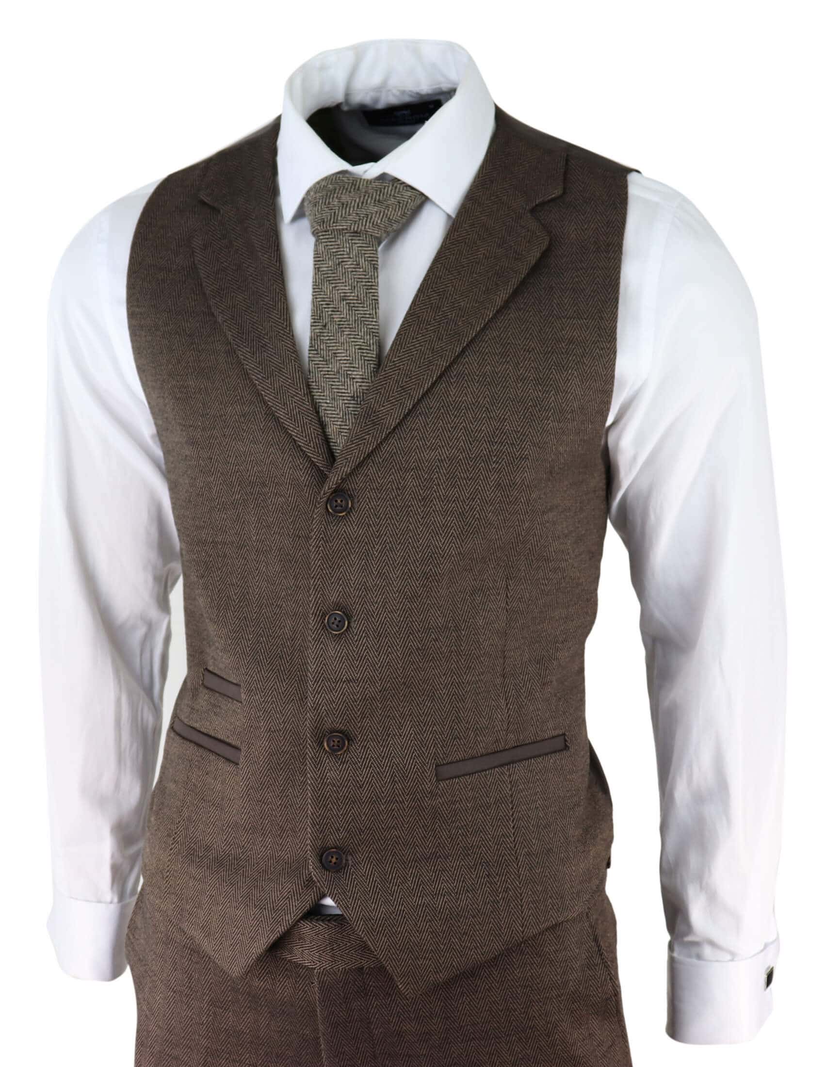 Traje de tres piezas para hombre de tweed marrón con estampado de espiga.