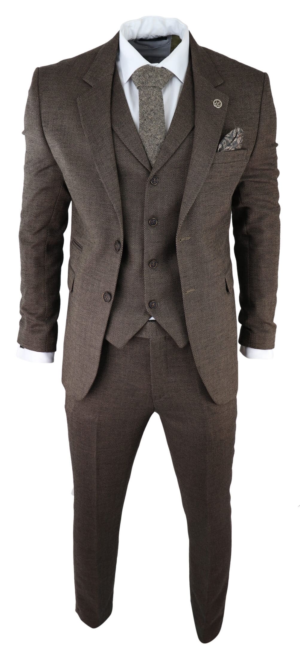 Traje de tres piezas para hombre de tweed marrón con estampado de espiga.