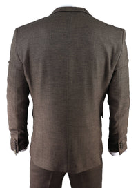 Traje de tres piezas para hombre de tweed marrón con estampado de espiga.