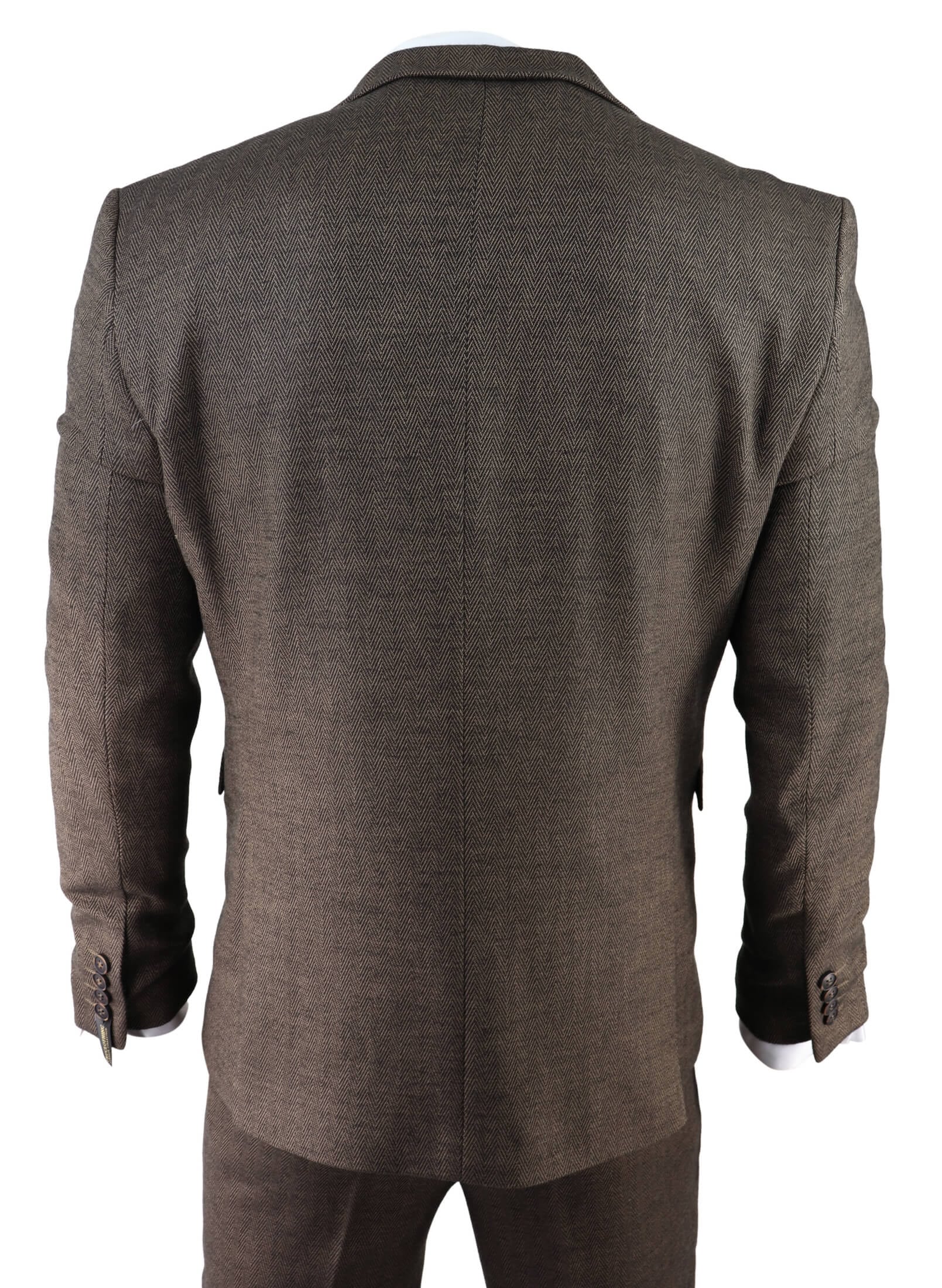 Traje de tres piezas para hombre de tweed marrón con estampado de espiga.