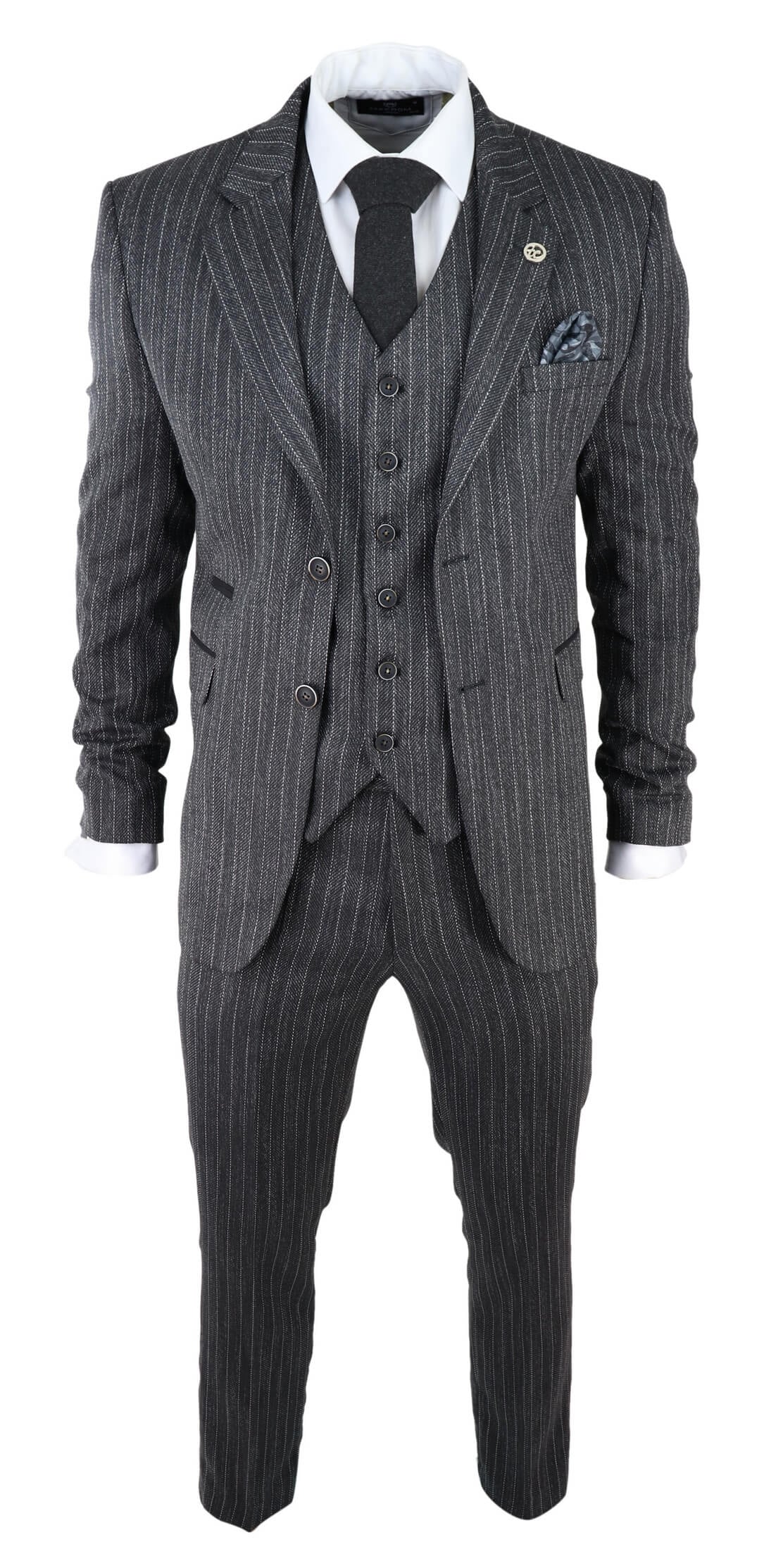 Traje de tres piezas para hombre de tweed gris con raya diplomática y estampado de espiga.