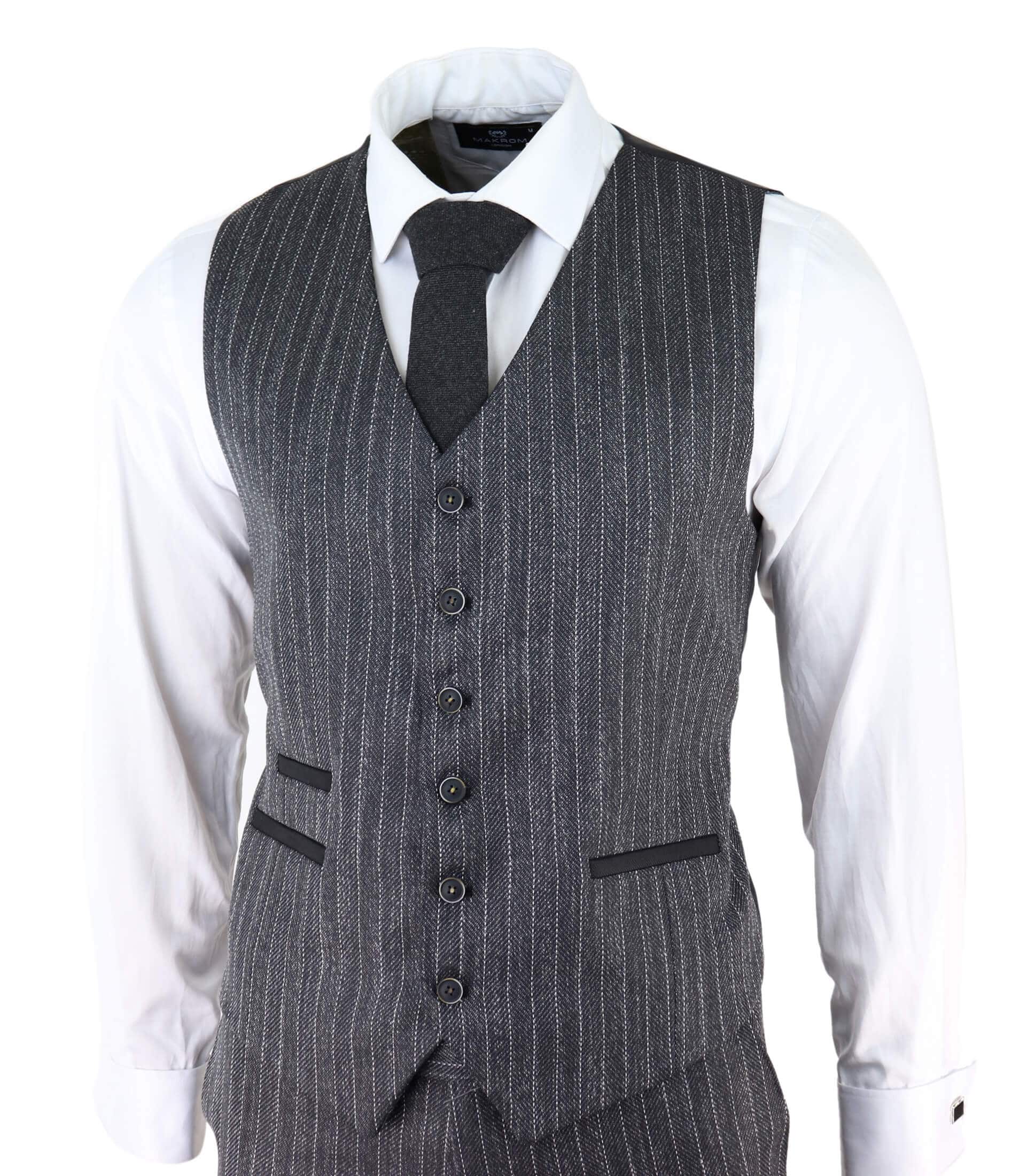 Traje de tres piezas para hombre de tweed gris con raya diplomática y estampado de espiga.