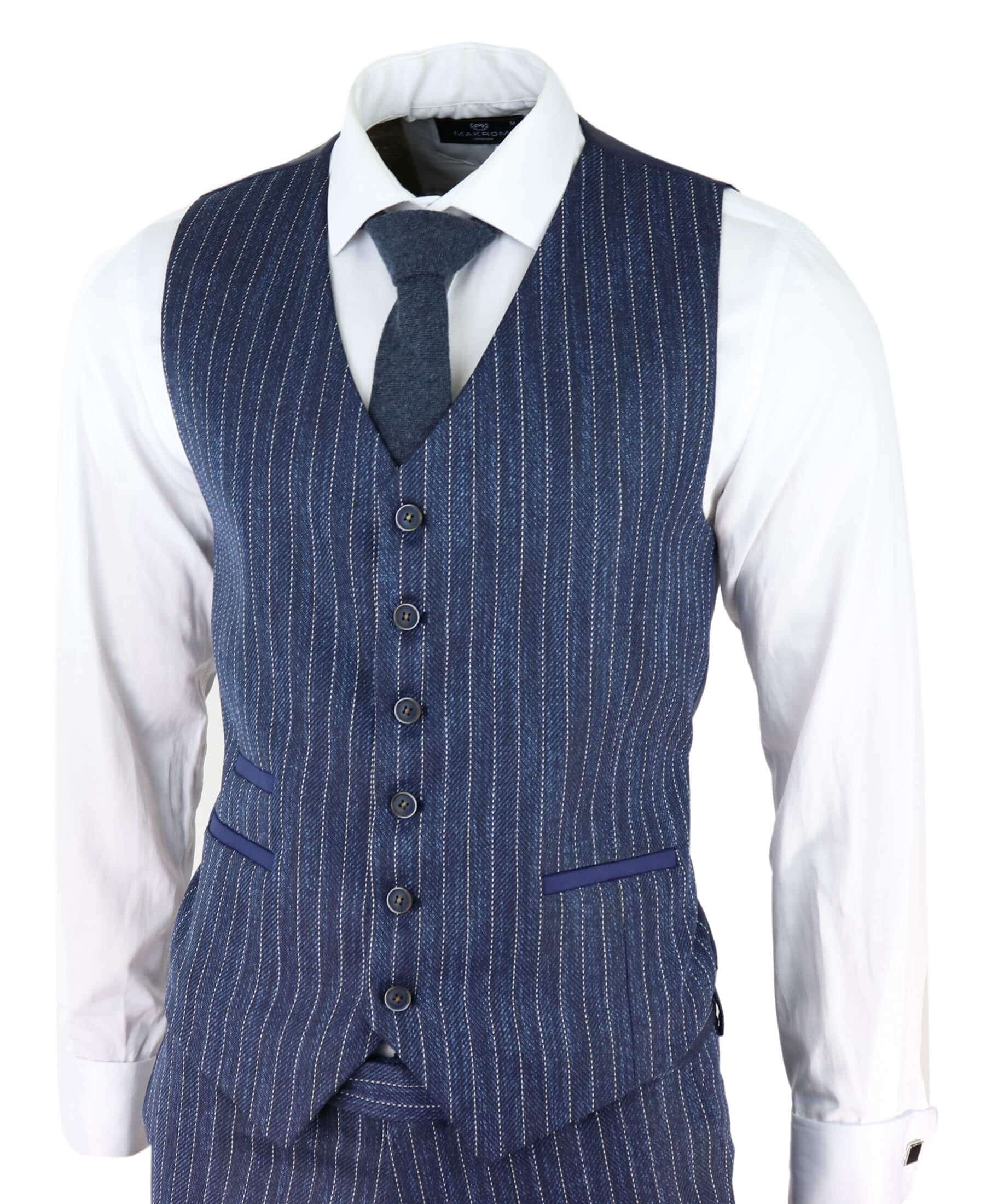 Traje de tres piezas para hombre de tweed azul con raya diplomática y estampado de espiga.
