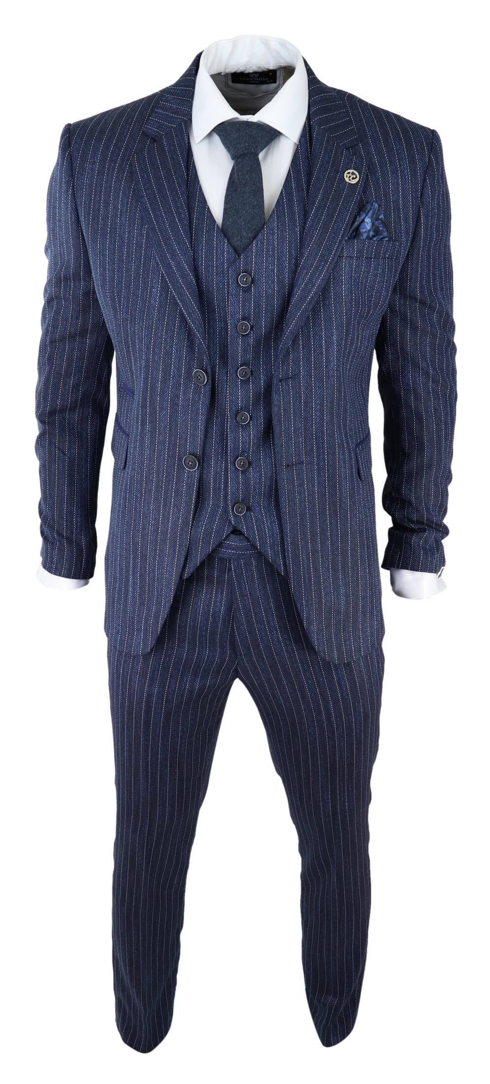 Traje de tres piezas para hombre de tweed azul con raya diplomática y estampado de espiga.