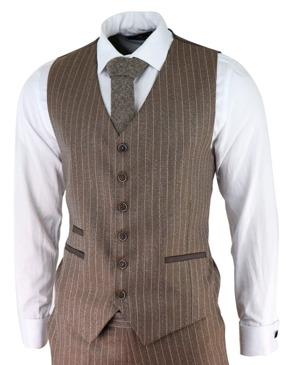 Traje de tres piezas para hombre de tweed de espiga con raya diplomática en color marrón roble.