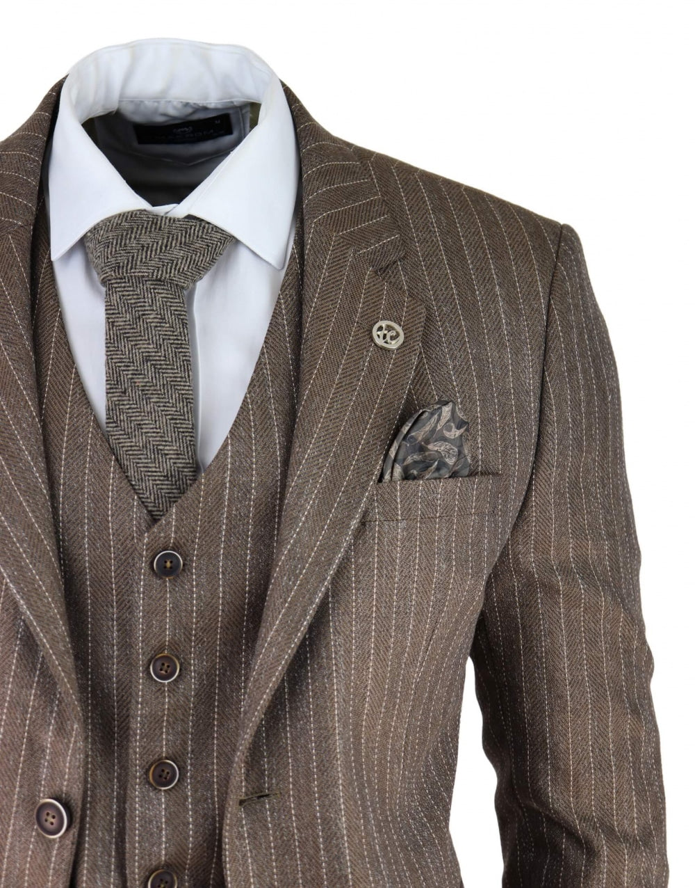 Traje de tres piezas para hombre de tweed de espiga con raya diplomática en color marrón roble.