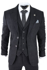 Traje de tres piezas para hombre, negro, con estampado de cuadros Glen.