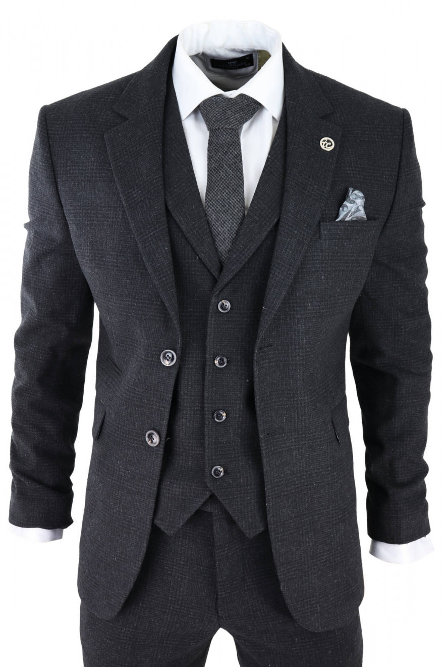 Traje de tres piezas para hombre, negro, con estampado de cuadros Glen.