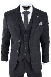 Traje de tres piezas para hombre, negro, con estampado de cuadros Glen.