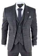 Traje de tres piezas para hombre con estampado de cuadros escoceses grises