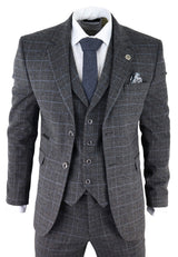 Traje de tres piezas para hombre con estampado de cuadros escoceses grises